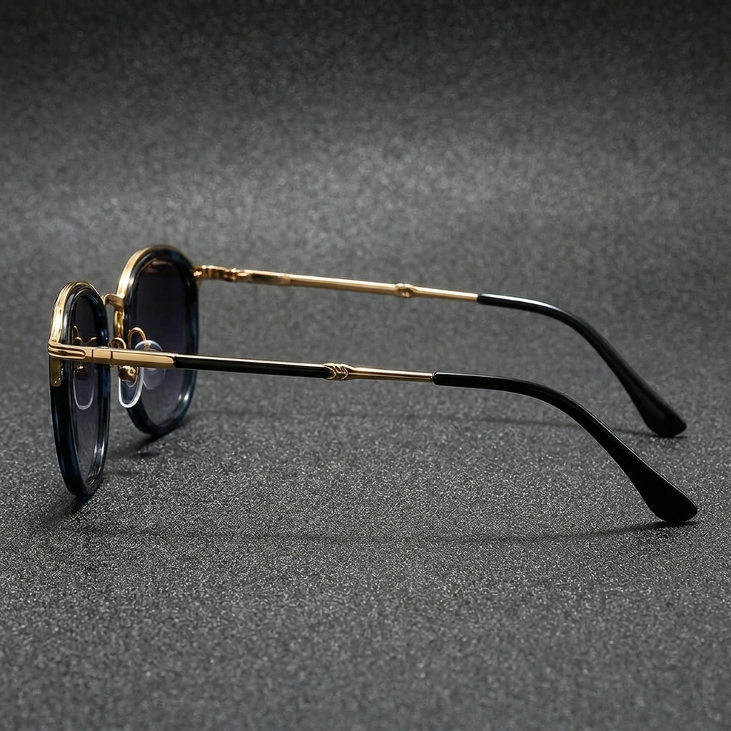 Purple gunmetal Elvian round sunglasses, offering full UV protection & chic style.