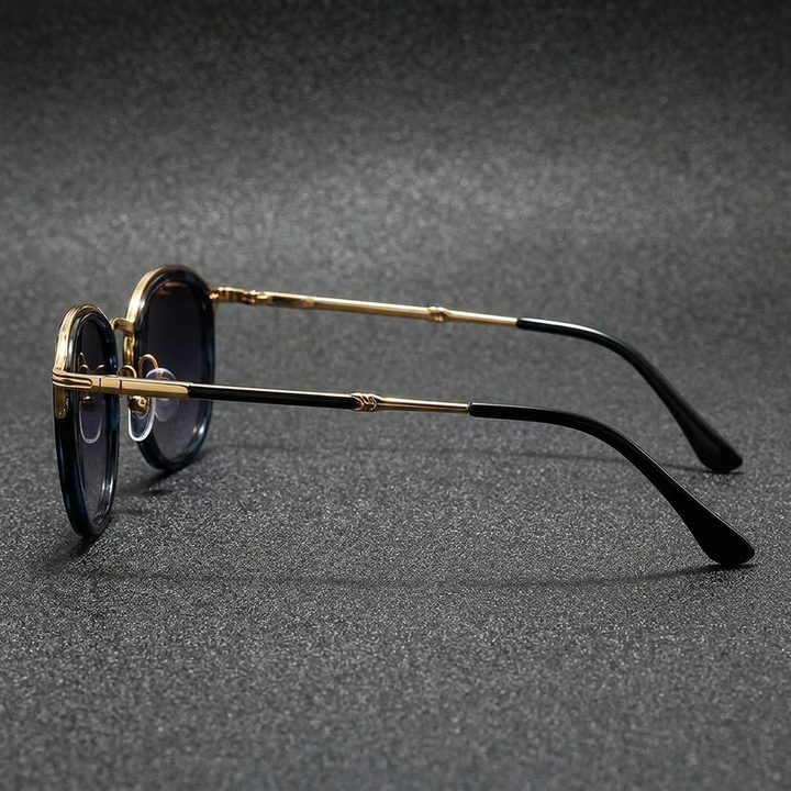 Purple gunmetal Elvian round sunglasses, offering full UV protection & chic style.