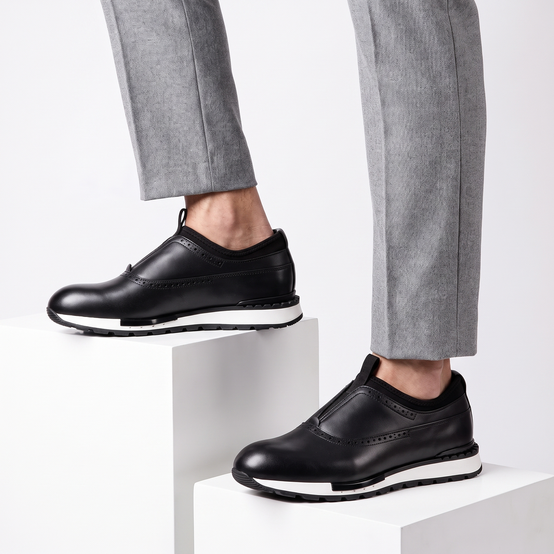 Men's black slip-on loafers, comfortable & stylish casual dress shoes with a round toe.
