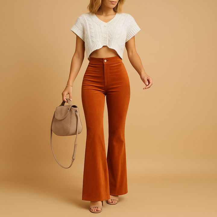 Elegant high-waist flared pants for women, offering a comfortable and chic style. Perfect for versatile outfits.
