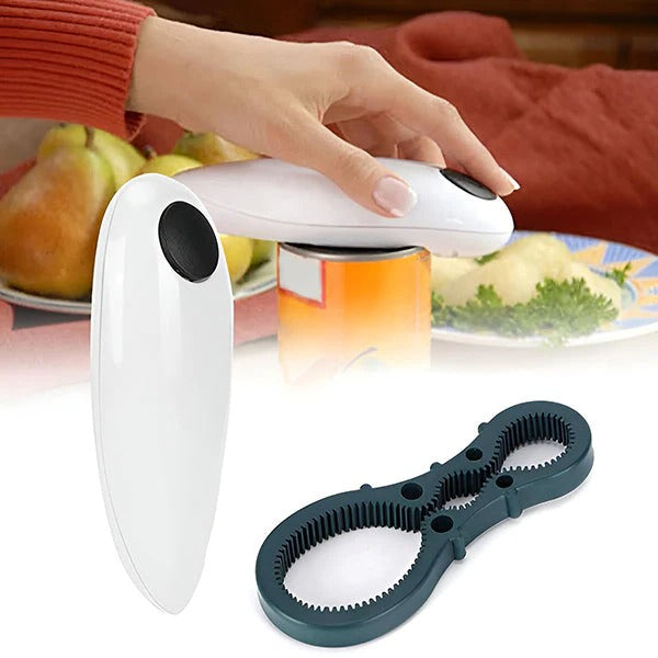 Automatic electric can opener & bottle opener, hands-free kitchen gadget for easy food prep.