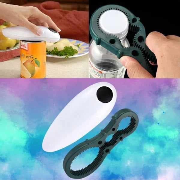 Hands-free electric can opener safely opening a food can, making kitchen prep easy and quick.