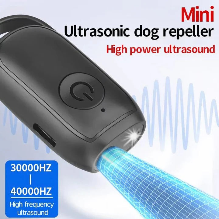 Portable ultrasonic animal deterrent for dogs. Effective anti-barking and behavior control device for outdoor pet safety.