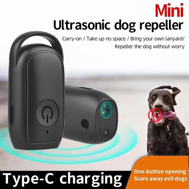 Handheld ultrasonic dog repellent and trainer. Safely controls barking & unwanted behaviors. Portable pet deterrent.