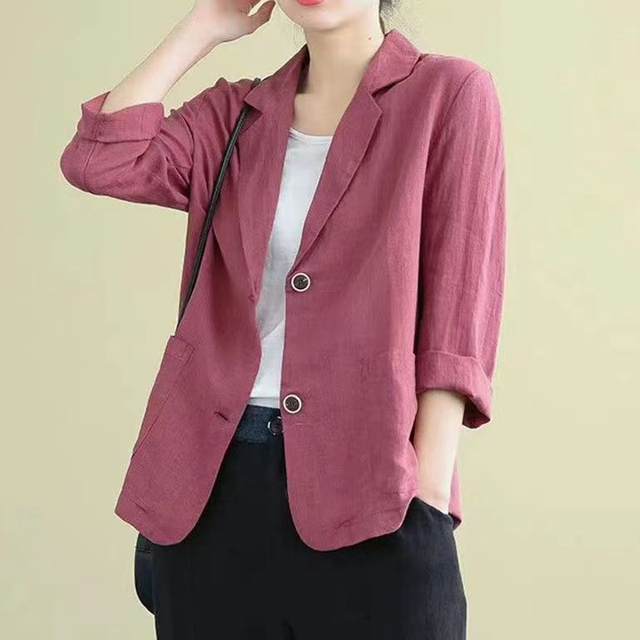 Versatile women's chic tailored linen blazer. Lightweight and stylish, great for professional or smart casual layering.
