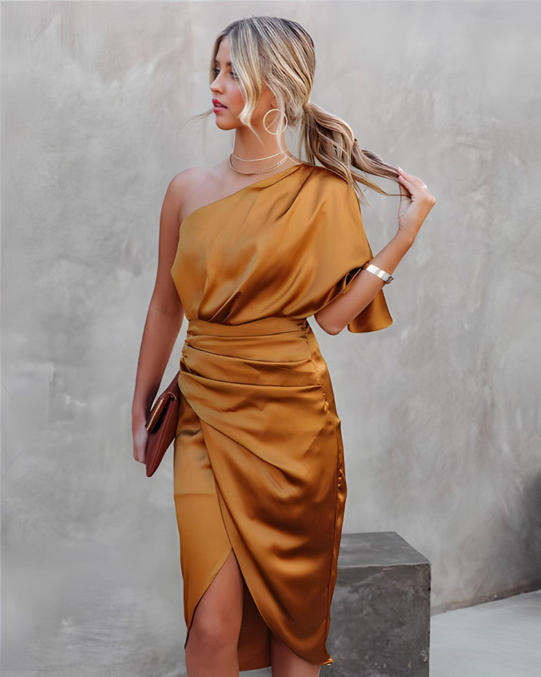 Sleeveless asymmetrical off-shoulder maxi dress, a sophisticated evening gown.