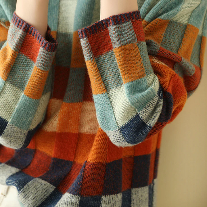 Autumn/winter women's sweater: chic patchwork design & warm turtleneck. Comfortable long sleeve pullover.