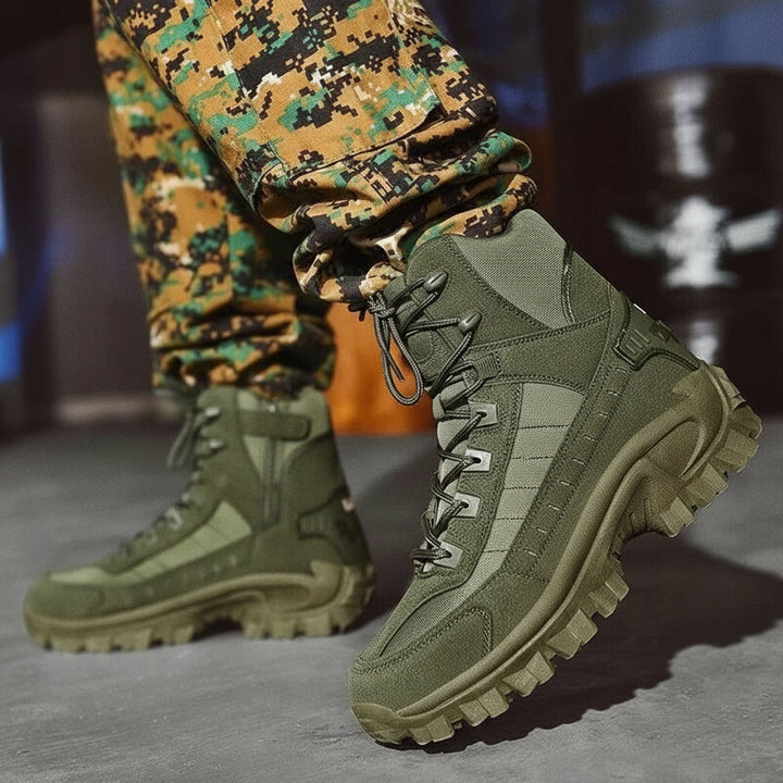 Green men's lace-up winter boots. Stylish, warm, and durable for cold weather outdoor activities.