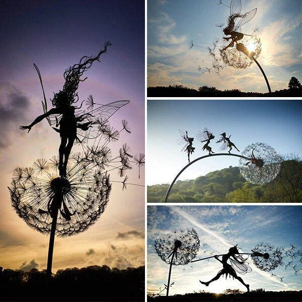 Handcrafted metal fairy and dandelion garden stake, durable outdoor sculpture art.