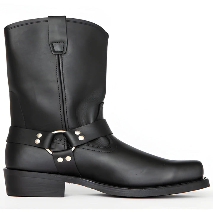 Men's rugged black leather harness boots with 11-inch shaft & non-slip sole, ideal for work or motorcycle riding.