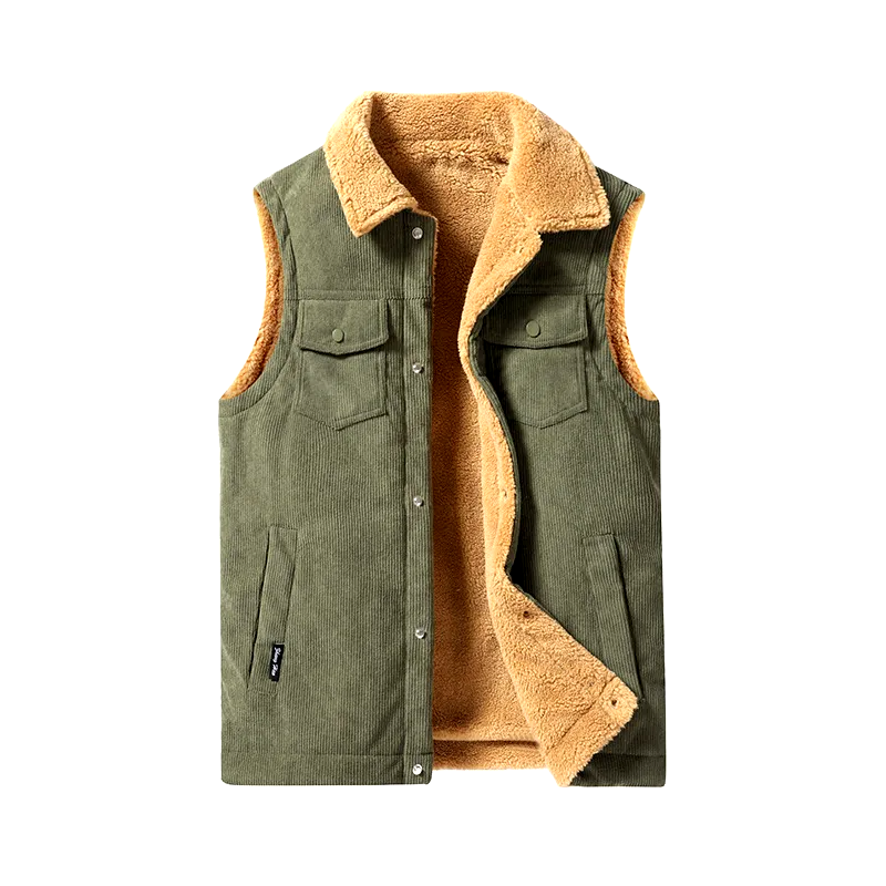 Stylish green men's corduroy vest, cashmere lined, with pockets, offering warmth & fashion for winter layering.