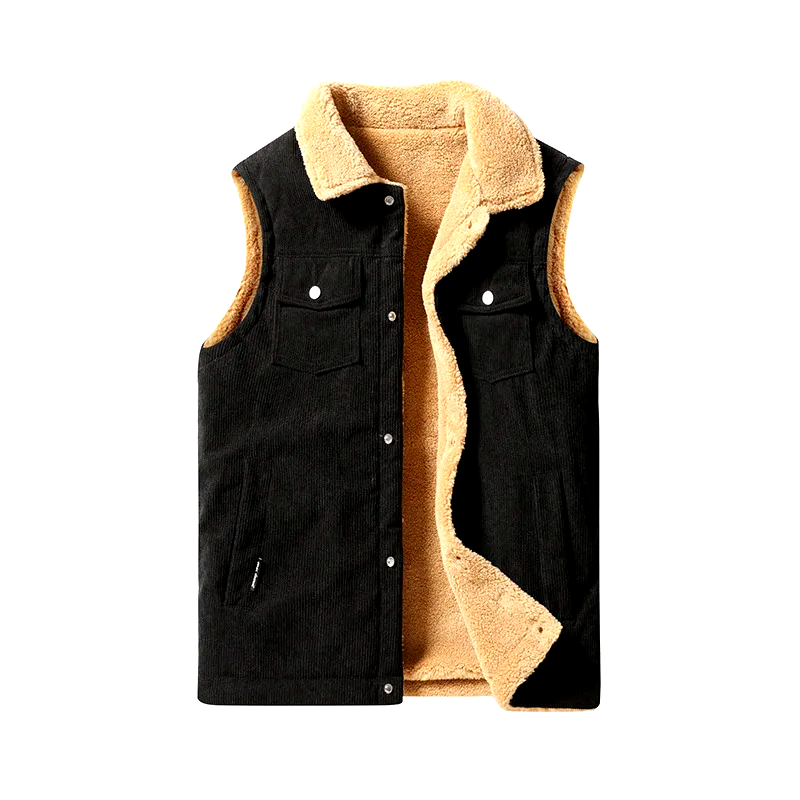 Black men's corduroy vest with cozy cashmere lining & multiple pockets; ideal for warm winter fashion.