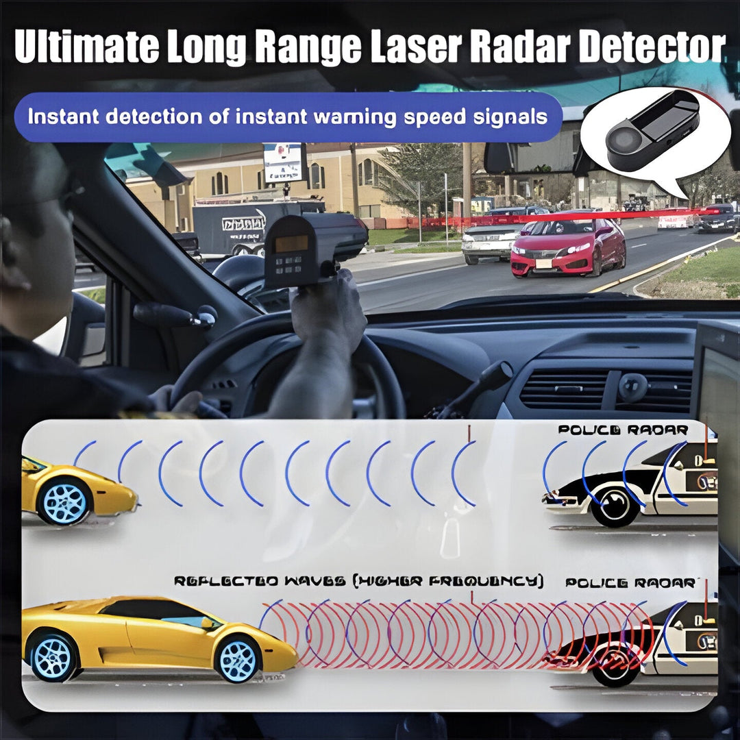 Portable laser radar detector for vehicles, offering wireless detection of speed traps and enhancing road safety.