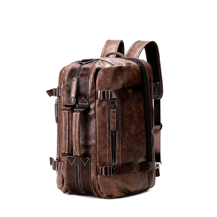 Stylish women's black leather convertible backpack, easily transforming into a versatile shoulder bag or handbag.