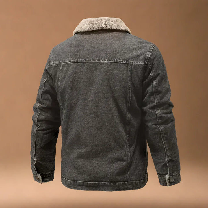 Stylish gray denim jacket for men & women, a classic spring and fall outerwear piece.