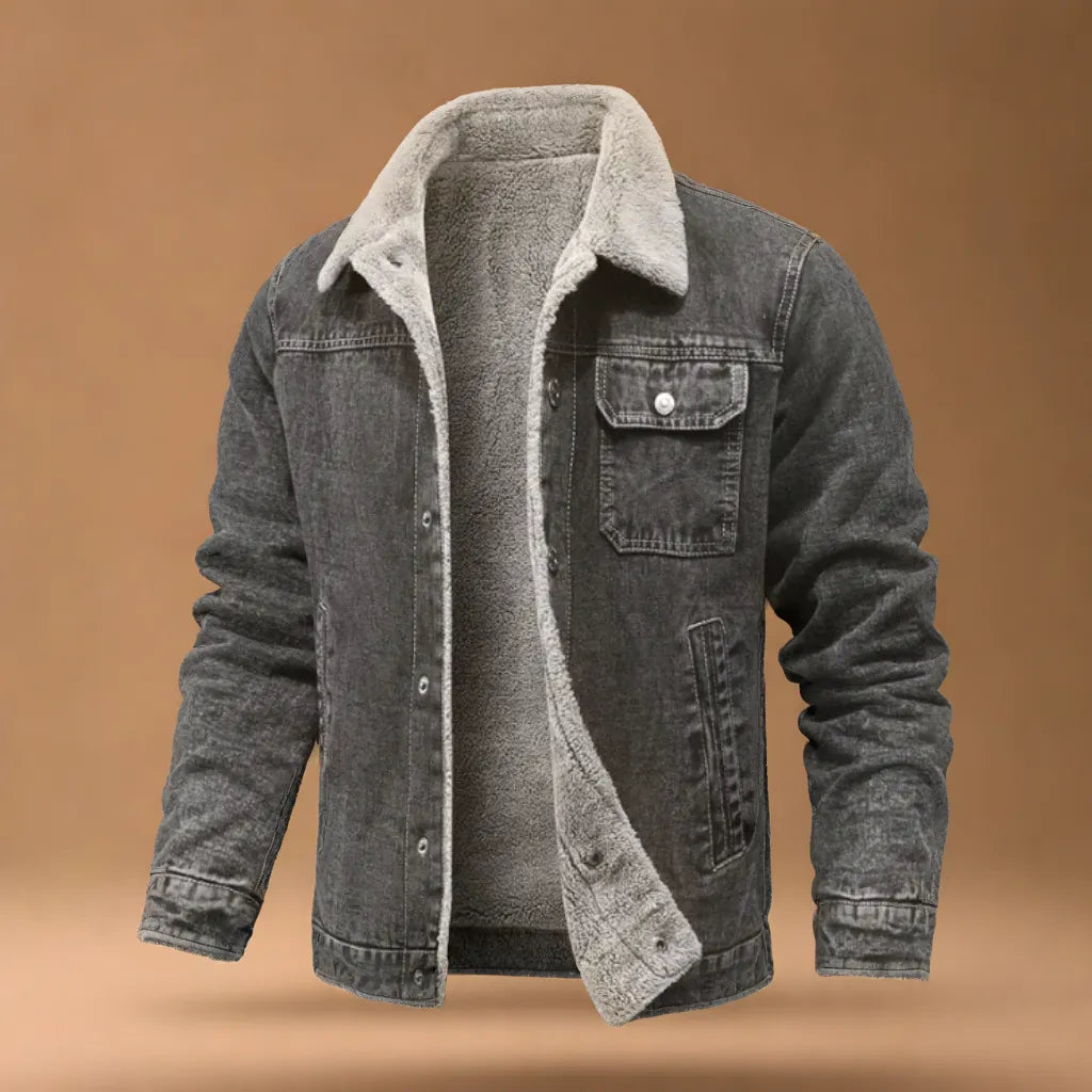 Versatile black denim trucker jacket, ideal outerwear for fall fashion.