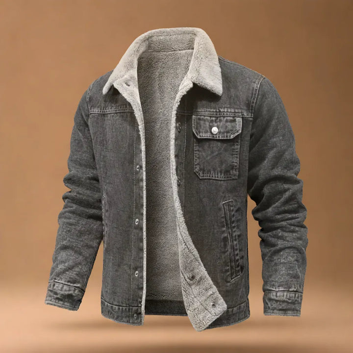 Versatile black denim trucker jacket, ideal outerwear for fall fashion.