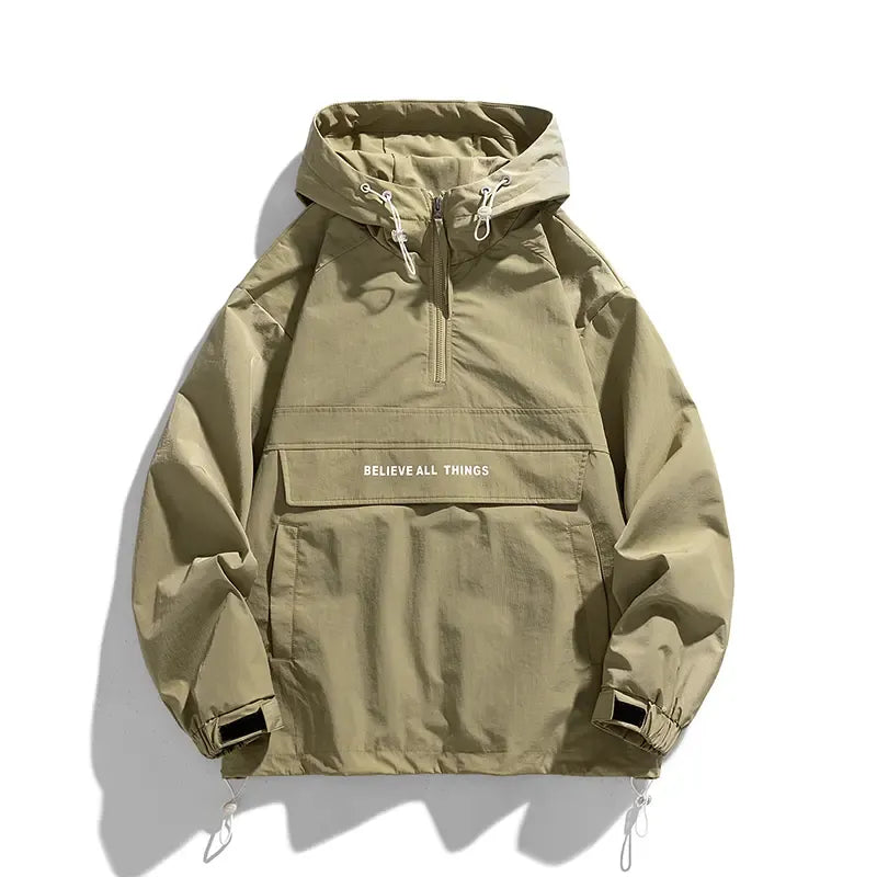 Men's lightweight all-season windbreaker jacket. Adjustable, casual outerwear for spring and fall comfort.