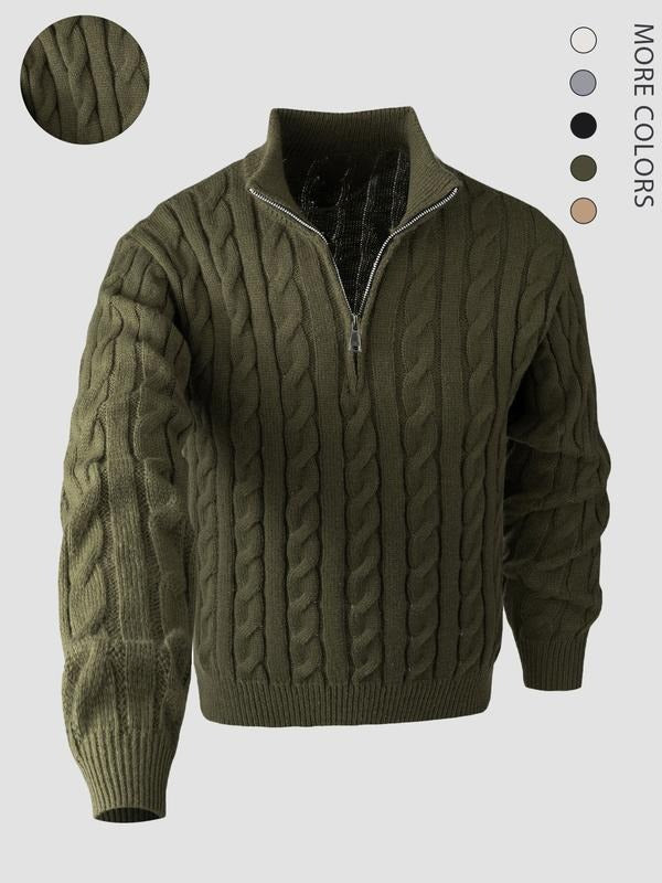 Men's classic cable knit quarter-zip pullover sweater, a timeless layering piece for elegant winter style.