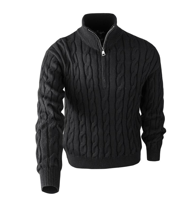 Detailed shot of the quarter-zip collar on a men's classic knit sweater, perfect for versatile everyday fashion.