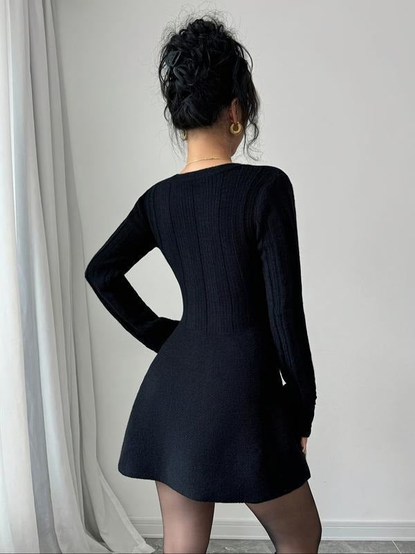 Chic V-neck flared mini dress for women. Elegant long sleeve design, available in black, brown, and green.