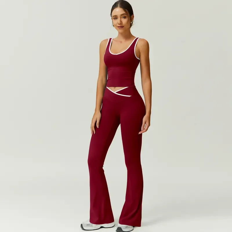 Athletic women's sculpting capri legging & sports bra set. High-performance activewear for workouts.