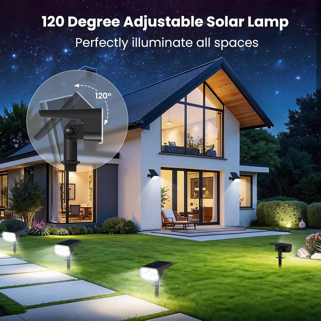 Easy-install solar landscape spotlights, 4-pack, cool white, ground stake or wall mount for versatile outdoor use.