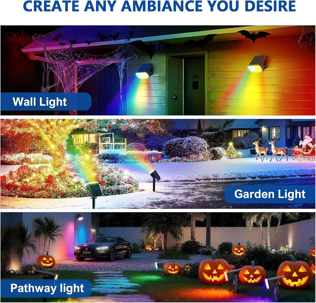 Versatile outdoor solar spotlights, wall mount or ground stake. Provide bright cool white light for pathways.