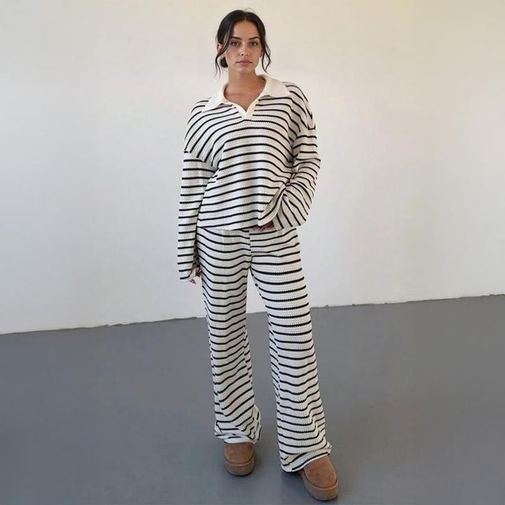 Women's striped knit lounge set. Two-piece comfortable cotton blend loungewear for relaxed casual style.