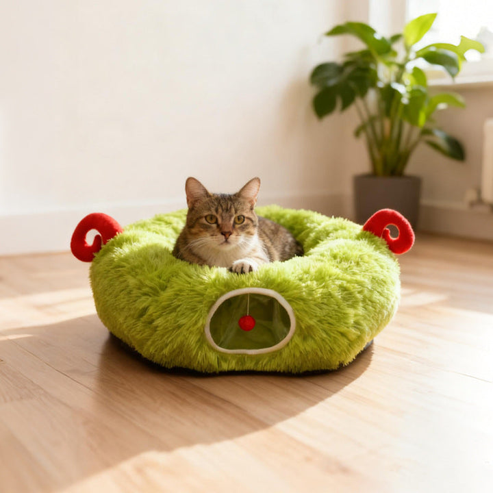 Compact cat tunnel with a luxurious plush mat, perfect for small spaces, cat supplies