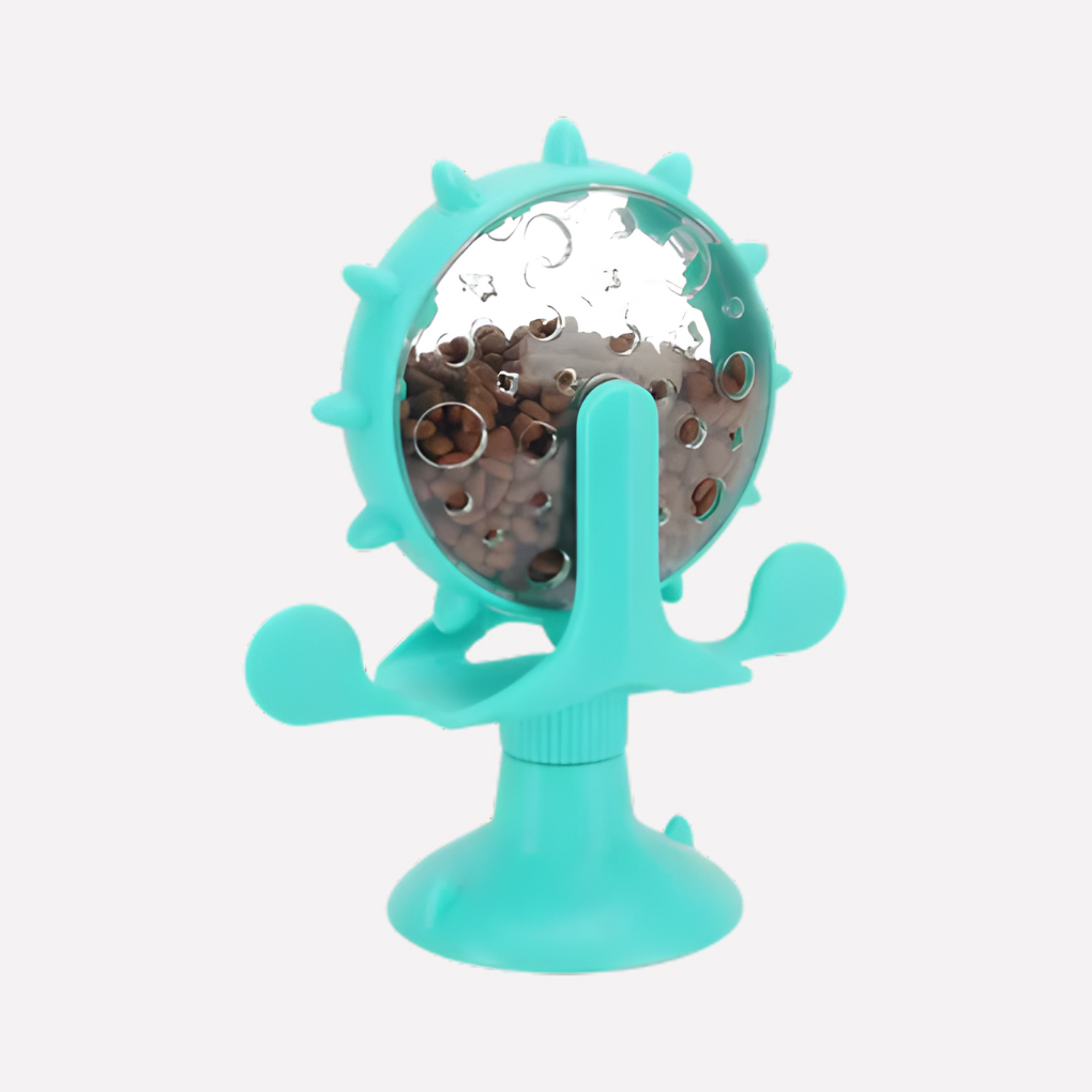 Interactive pet slow feeder windmill toy for mental stimulation in dogs and cats, promotes healthy eating.