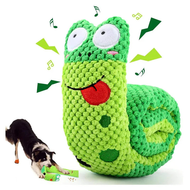 Close-up of a dog engaging with a vibrant interactive snail puzzle toy, a durable chew toy for pet enrichment.