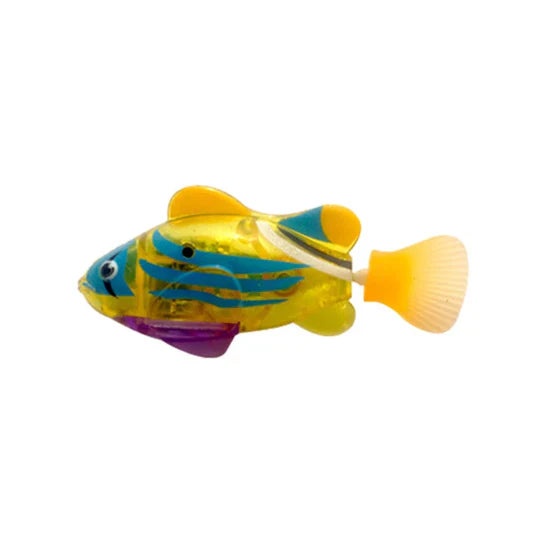 Brightly colored swimming fish toy, designed for stimulating cat and dog play