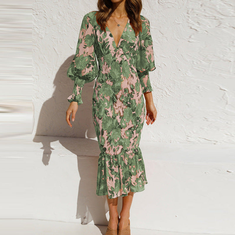 Beautiful floral V-neck bodycon midi dress for women, ideal for elegant occasions, parties, and spring casual wear.
