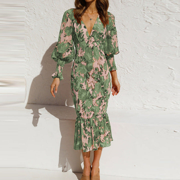 Beautiful floral V-neck bodycon midi dress for women, ideal for elegant occasions, parties, and spring casual wear.