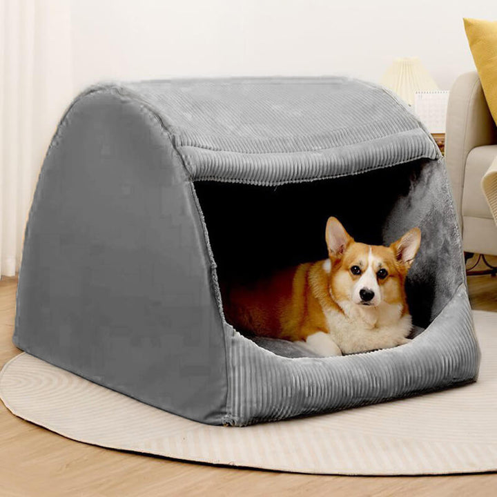 Large pet bed, gray flannel, detaches for cleaning, designed as a cozy den for large dogs.