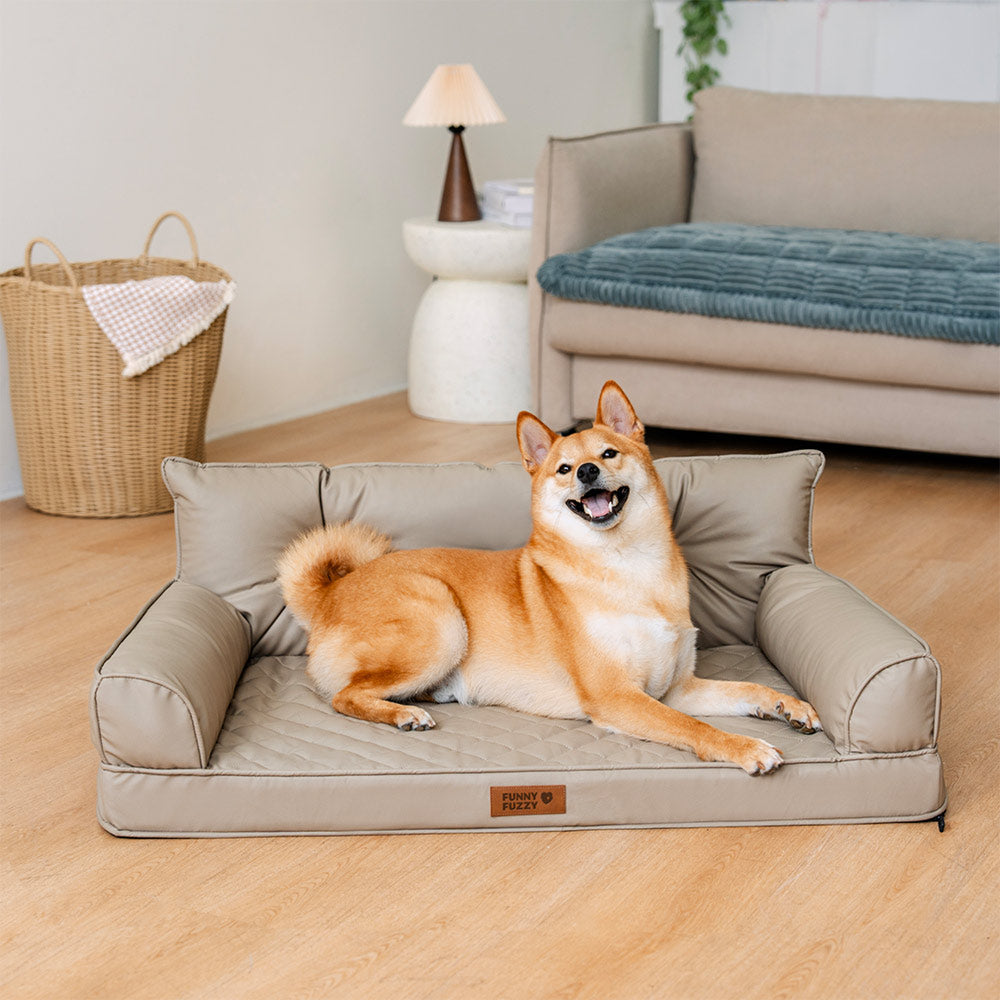Large orthopedic dog bed in brown faux leather, foldable design for easy storage, waterproof pet lounge