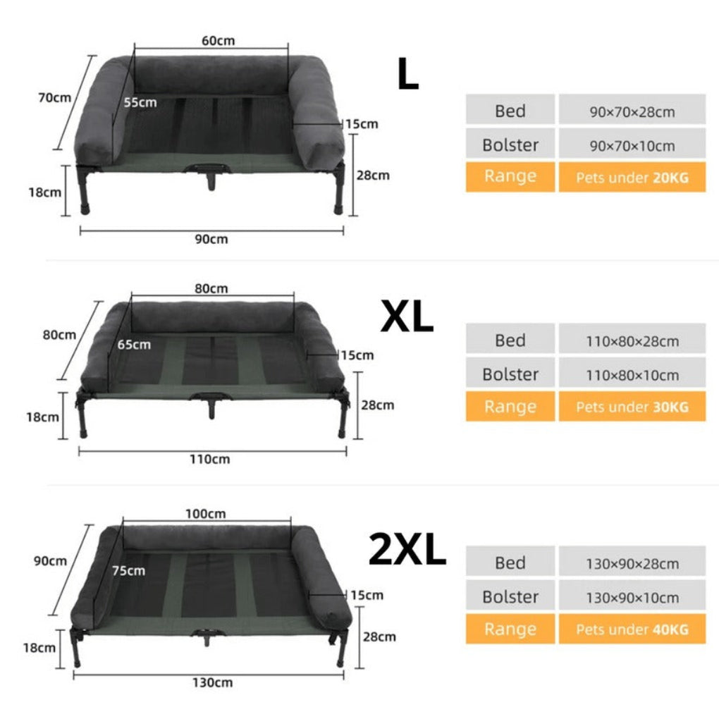Elevated cooling dog bed with a washable cover and supportive bolster, great for large dogs, indoor and outdoor use.