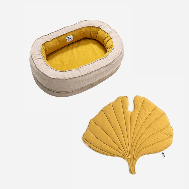 Elegant leaf dog blanket and donut bed, a stylish pet gift.