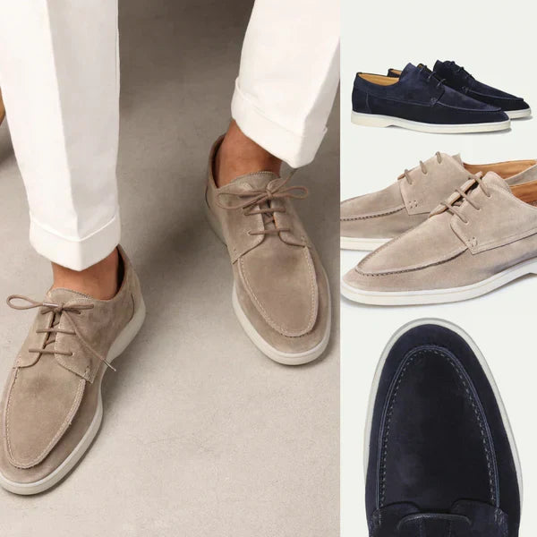 Classic men's lace-up loafers, detailed view of elegant and comfortable formal footwear for sophisticated style.