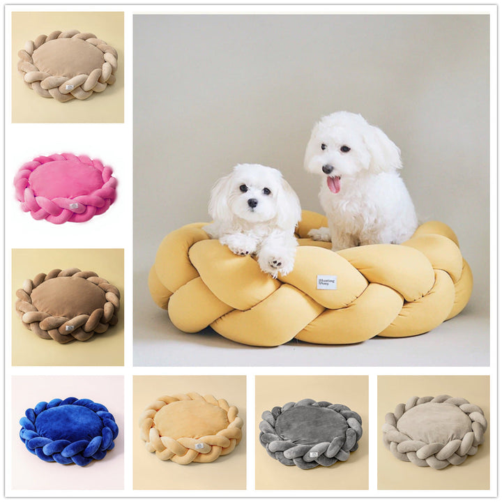 Beige calming dog bed, plush and deep, with a zippered, removable cover, ultimate pet comfort.