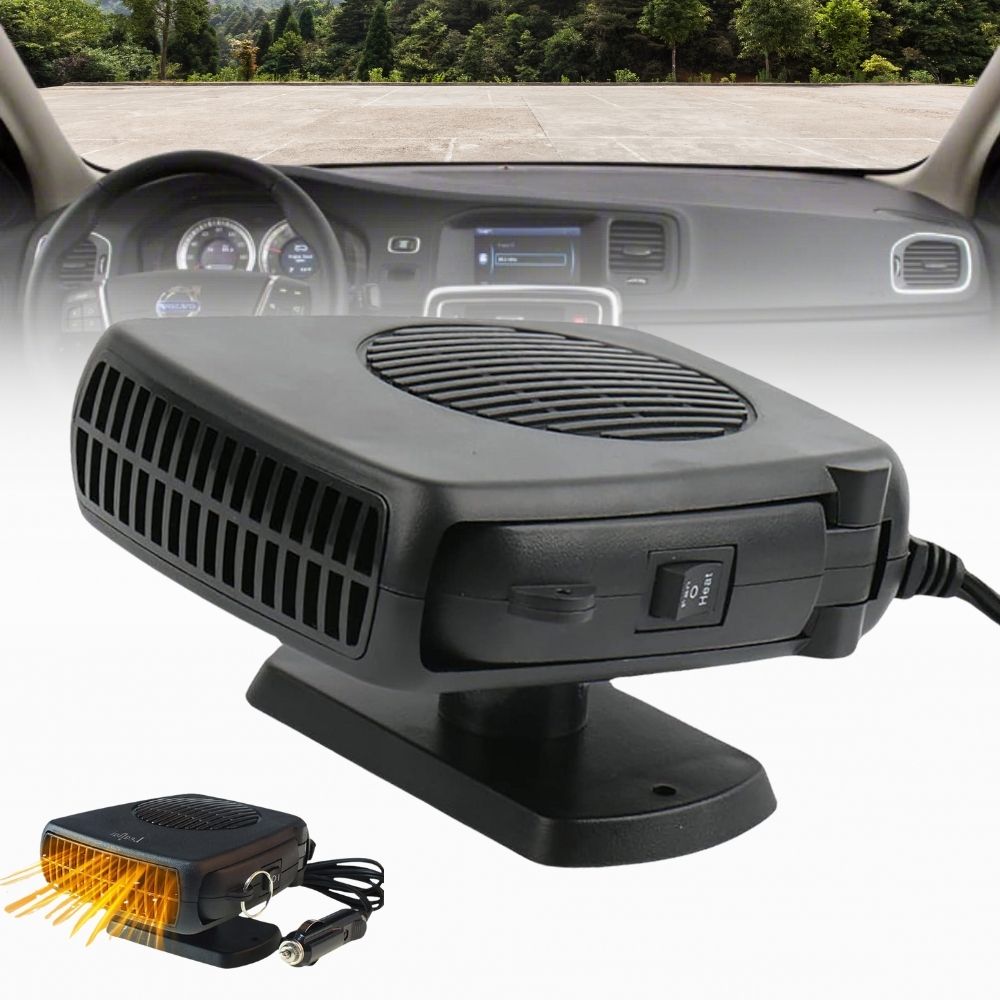 Portable 12V ceramic car heater & defroster. Quickly warms vehicle interior, clears windshields in winter.