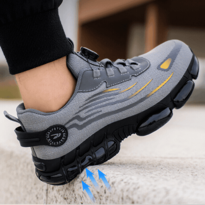Men's black safety work shoes, slip-resistant, wide toe. Durable industrial comfort footwear for long days.