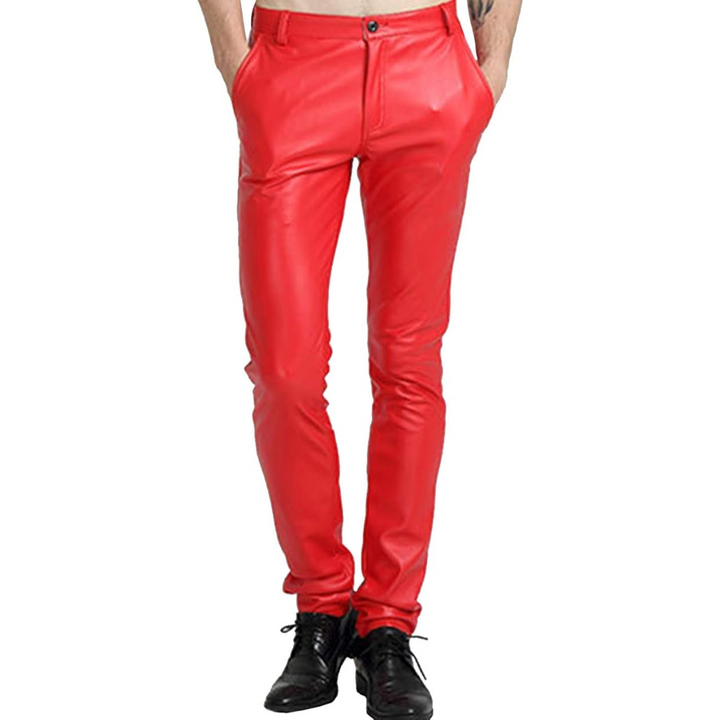 Detail of men's tapered biker trousers, highlighting the quality fabric & motorcycle-inspired design.