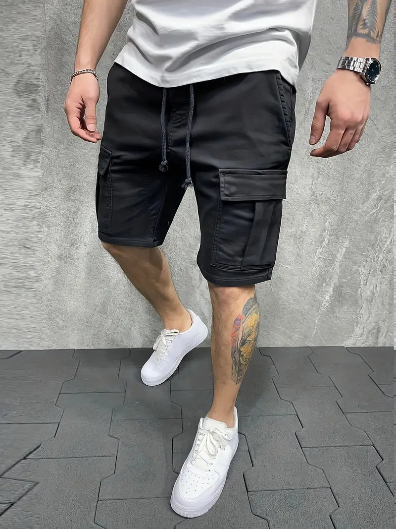 Man wearing comfortable men's cargo drawstring shorts, ideal for outdoor activities or casual wear.