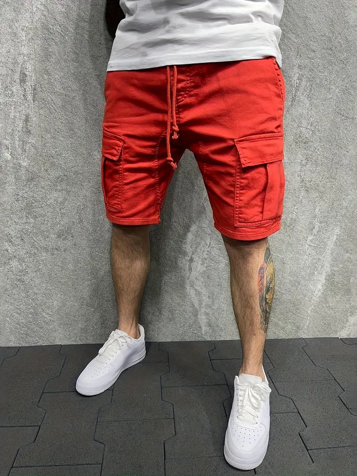 Detailed view of breathable fabric on men's casual drawstring cargo shorts, ensuring everyday comfort.