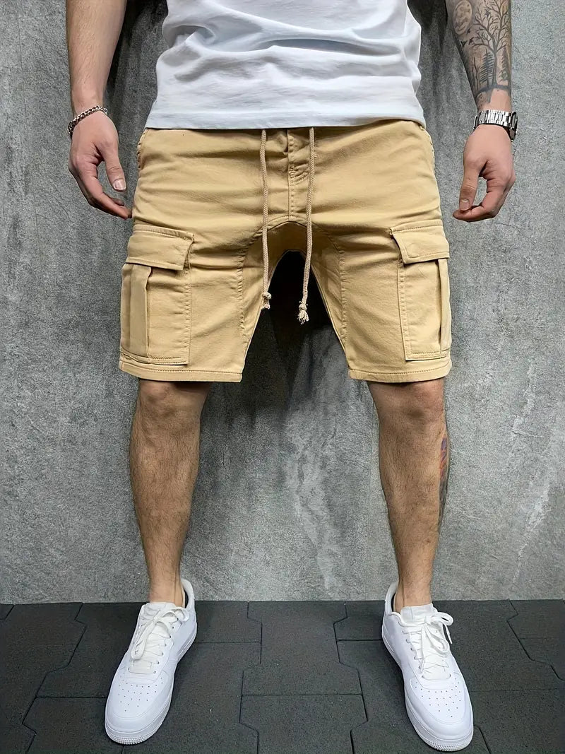 Back view: Men's relaxed fit cargo drawstring shorts in navy, designed for ultimate summer comfort.