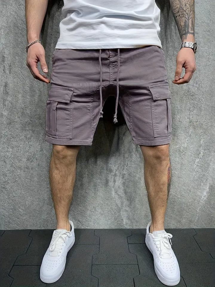 Stylish men's olive cargo drawstring shorts, versatile for casual fashion and daily wear.