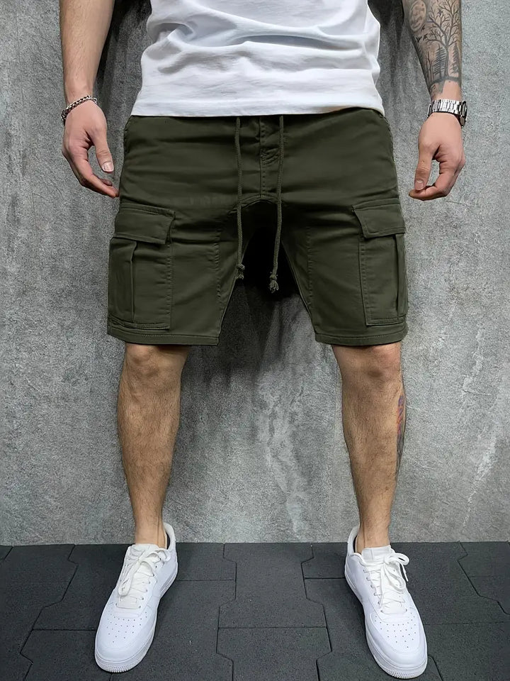 Functional men's cargo drawstring shorts with multiple pockets, great for athletic & outdoor use.