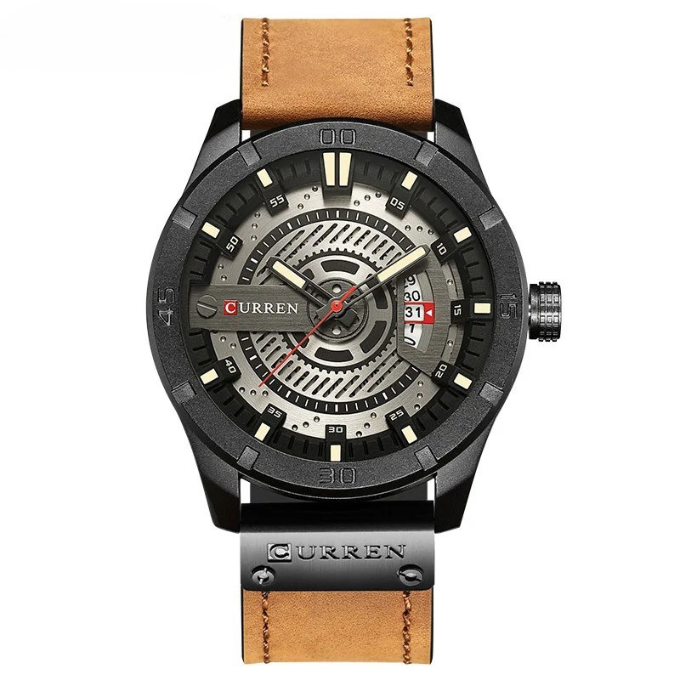 Minimalist men's classic leather band quartz watch with a sleek alloy case. Blends timeless style & everyday function.
